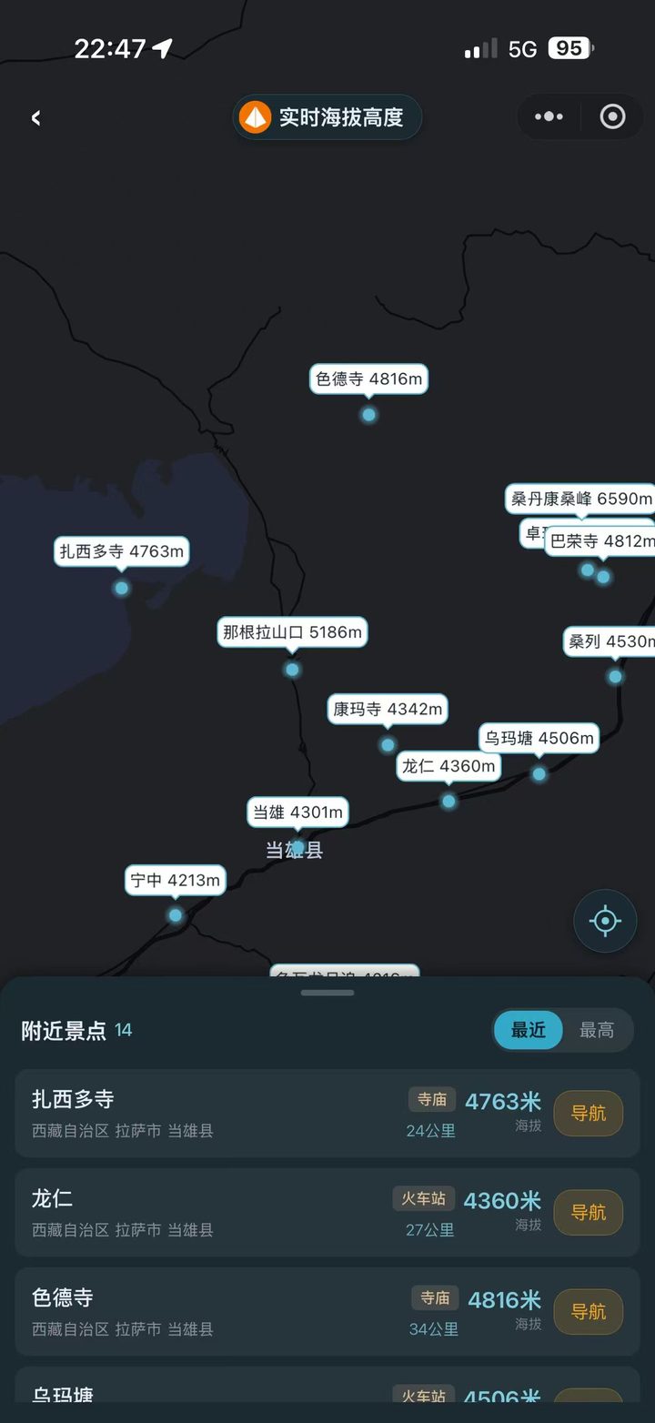 附近景点列表与地图,含海拔与距离